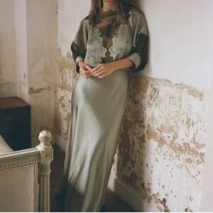 ISO ZARA Satin Lace Midi Dress in Gray Green Size L or XL